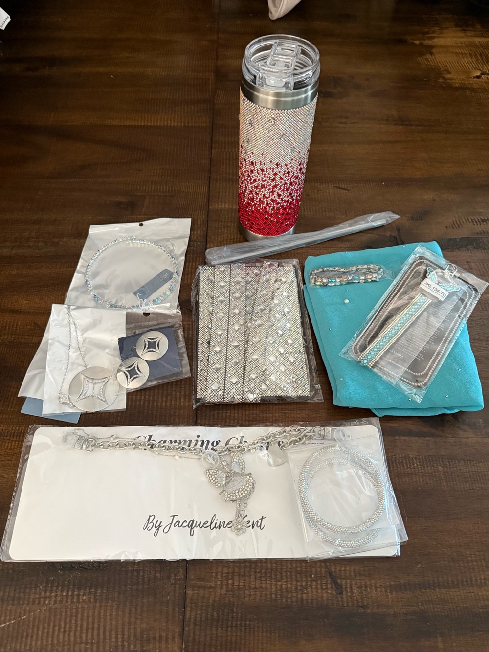 Jacqueline Kent Tumbler, phone purse, wristlet, purse chain, jewelry lot All new
